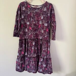Tea Collection Girls Tiered Dress Purple Rabbit Owl Keyhole Neck 100% Cotton 8